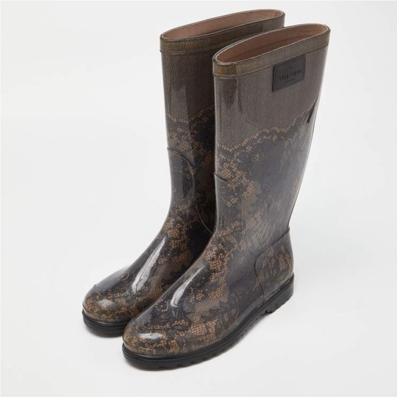 NWOT Valentino Size 6.5 (40) Black Rubber Mid-Calf Lace Print Rain Boots - Picture 6 of 12